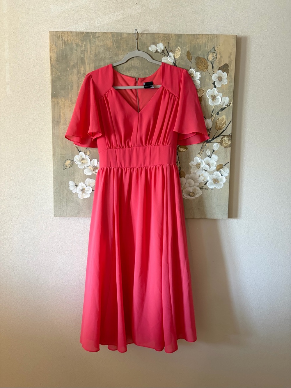Maison Tara Coral-Pink Midi Dress with Flutter Sleeves